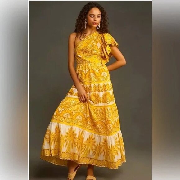 FARM Rio Dresses & Skirts - NWT Farm Rio Yellow Ainika Tapestry One Shoulder Lined Maxi Dress Size XXS